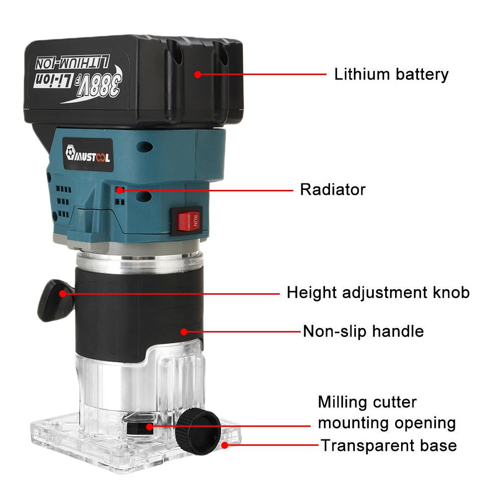 MUSTOOL 388V 850W Cordless Electric Trimmer Woodworking Engraving Slotting Trimming Milling Machine Wood Router with 1/2 Battery