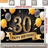 2D 30th Happy Birthday Backdrop, Black Background with Golden Number 30 and Balloons