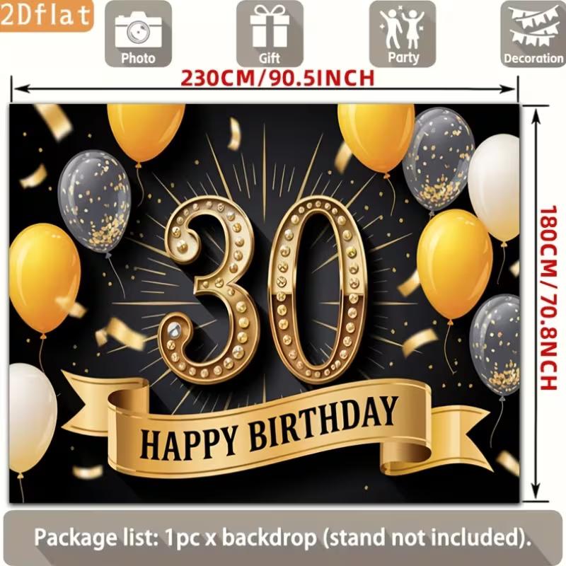 2D 30th Happy Birthday Backdrop, Black Background with Golden Number 30 and Balloons