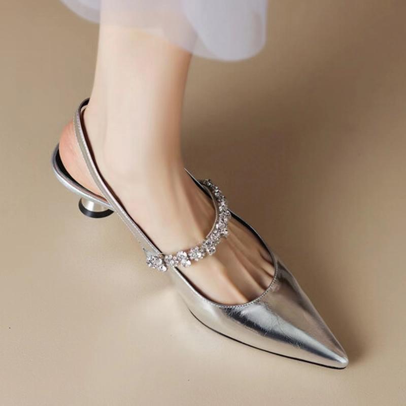 

Summer Women Silver Back Clasp Sandals Famele High-Heeled Rhinestone Mary Jane Shoes Ladies Slingback Temperament Gold Pumps 39