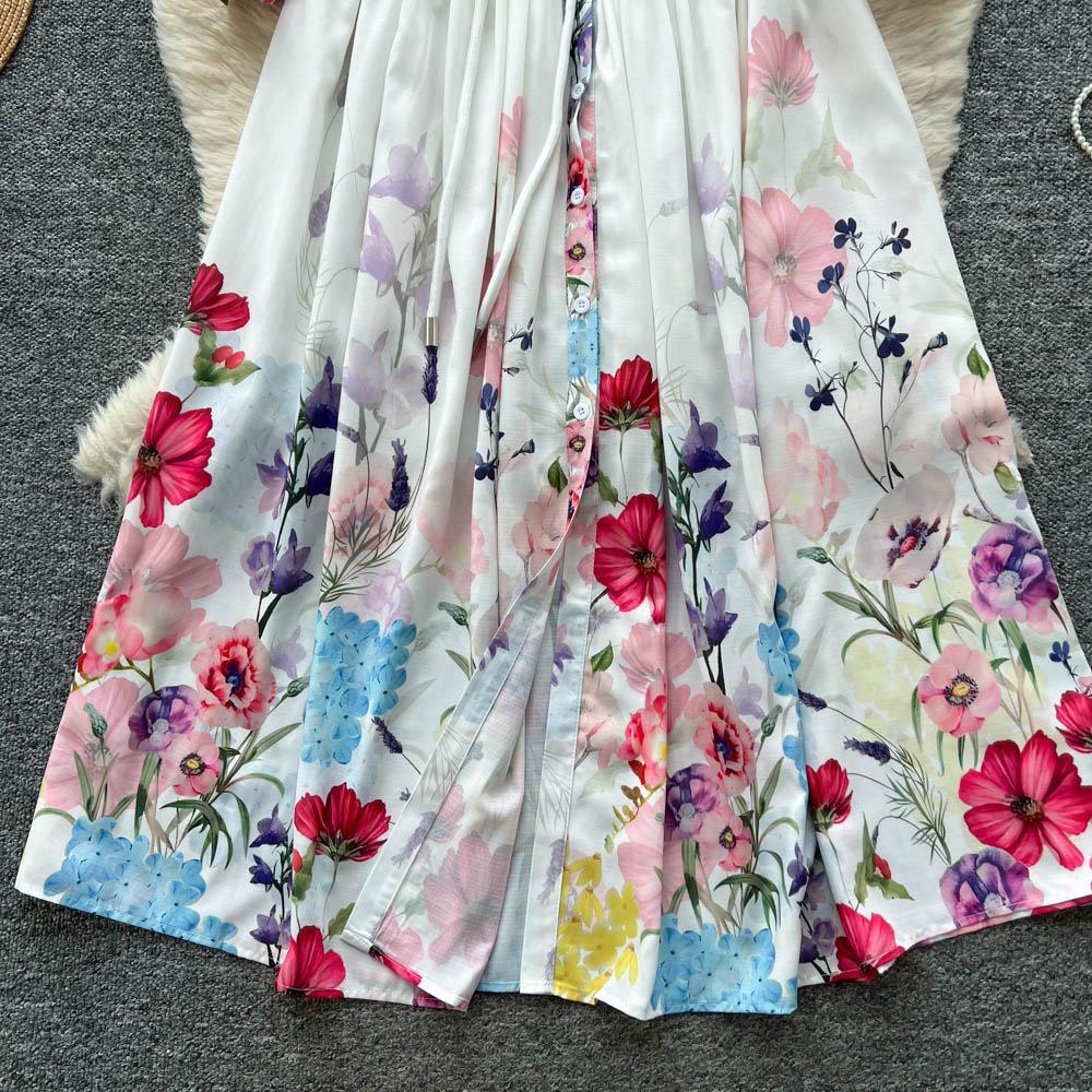 French retro fashion positioning printed dress women's autumn straps waist and thin temperament single-breasted long skirt