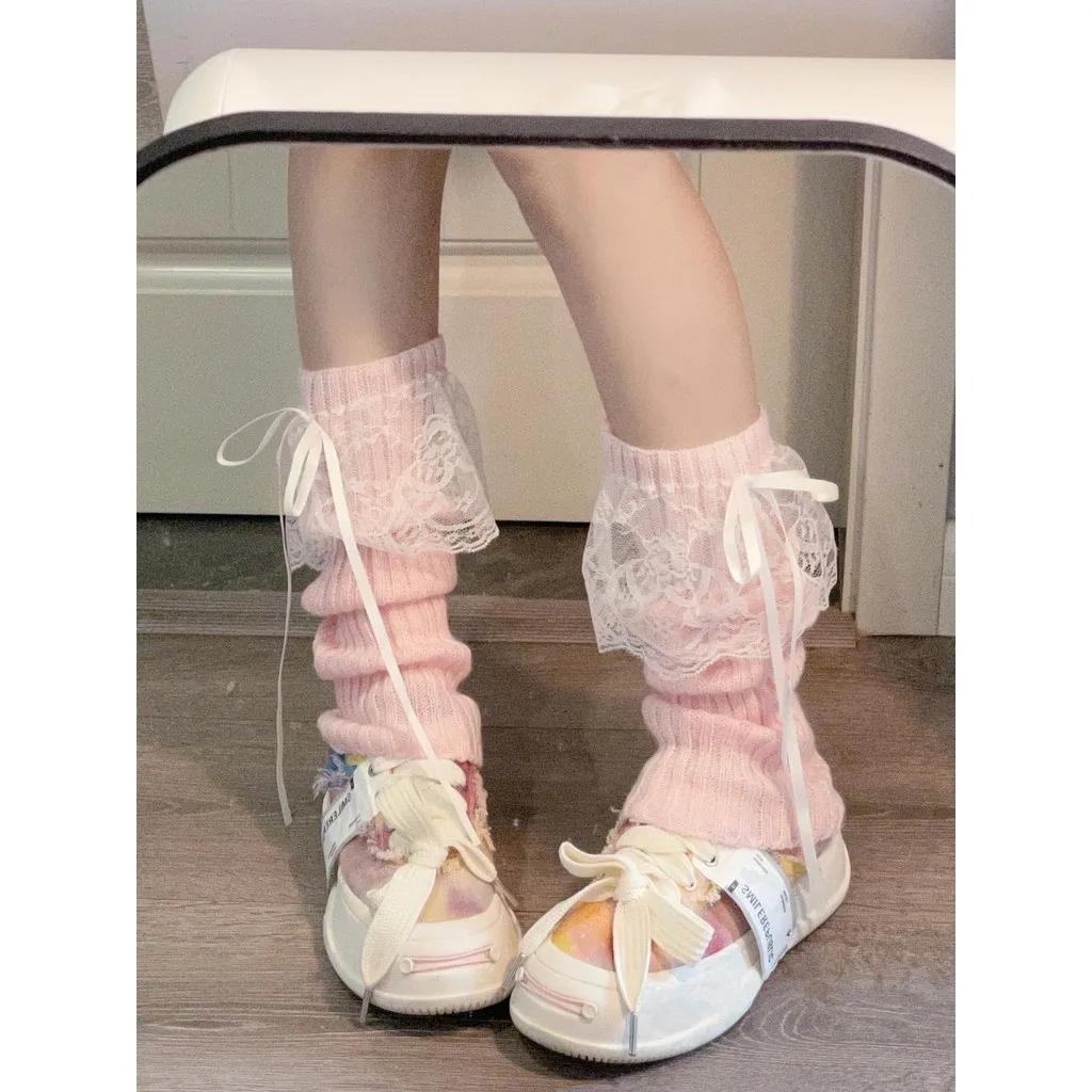 Scaldamuscoli a Rete con Fiocco in Pizzo Stile Lolita Giapponese Y2K Scalda Polpacci da Donna Coprigambe a Nastro Lavorati a Maglia Calze Lente Stile Principessa JK con Fiocco