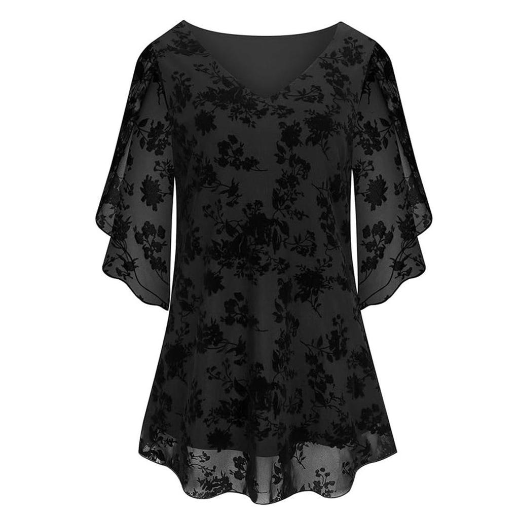 Doppellagiges beflocktes elastisches Netz Damen Sommer Dreiviertel ausgestellter Ärmel Raffung Taille V-Ausschnitt Top