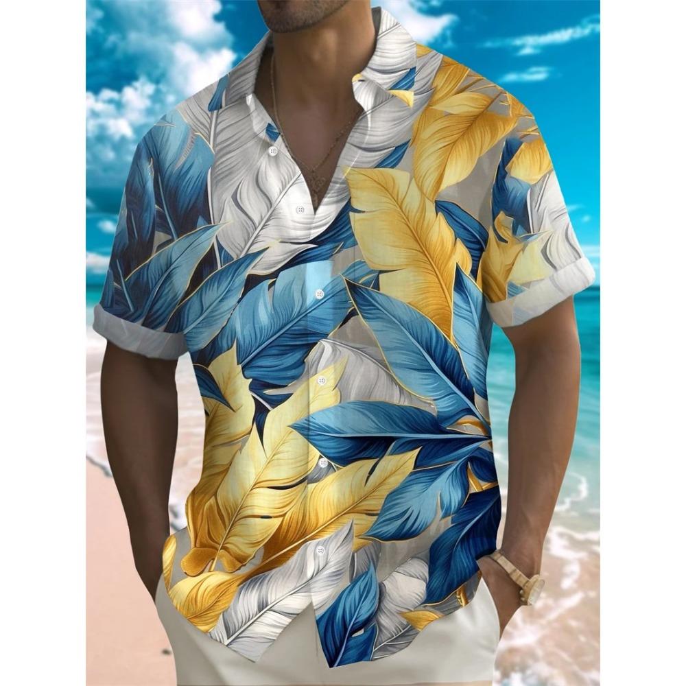 Summer Men's Shirt 3D Print Colorful Feather Short Sleeve Turndown Hawaiian Shirt Button Up Shirts No Pockets Shirts for Women