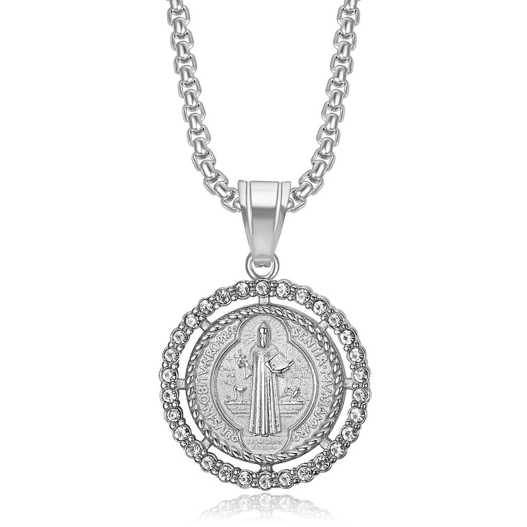 Hot-Selling Hip-Hop Stainless Steel Gold-Plated Inlaid Diamond Father Saint Benedict Exorcist Pendant Necklace