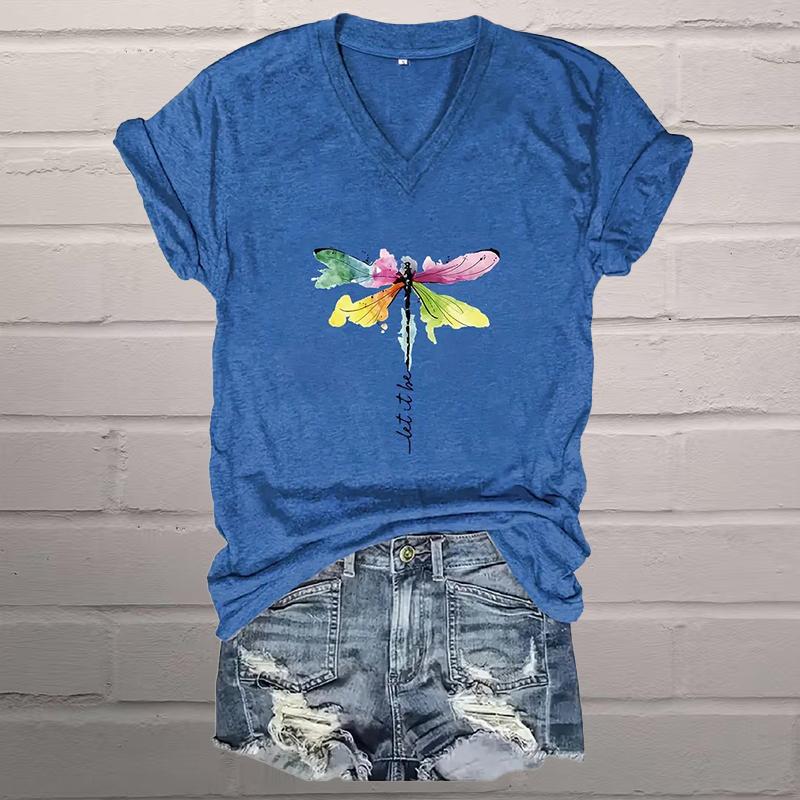 

Красочные стрекозы живопись блузки с коротким рукавом V-образный вырез футболки повседневные 8XL синий