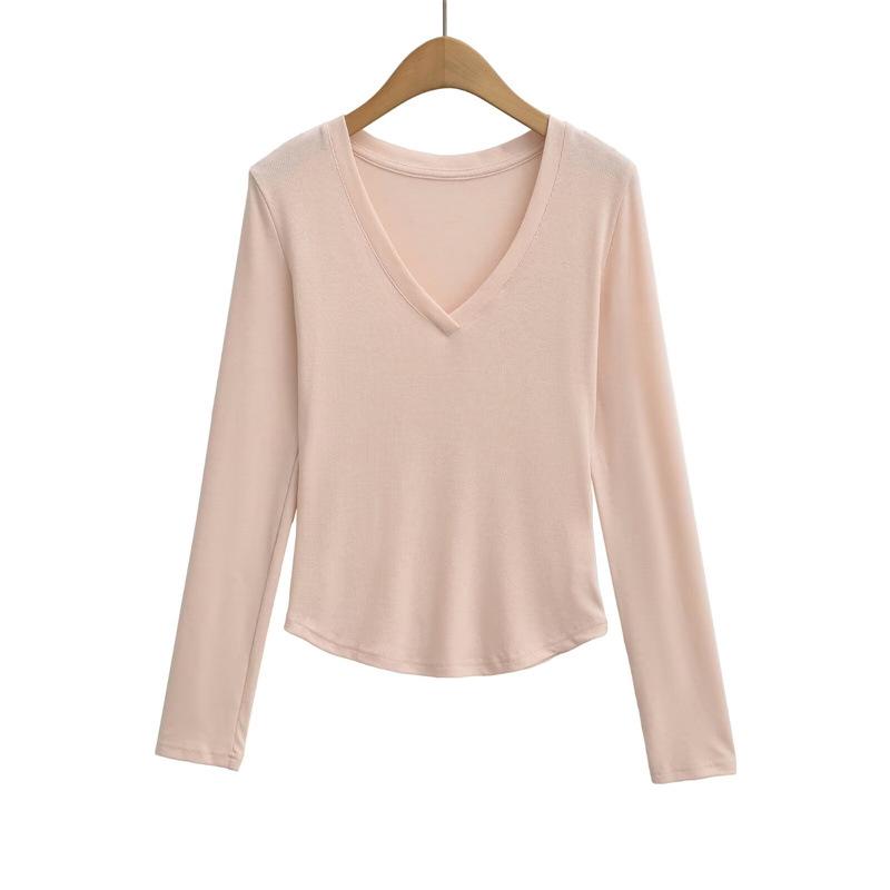 Korean V-Neck Long-Sleeve Slim Fit Sheer T-Shirt for Women - Autumn Essential