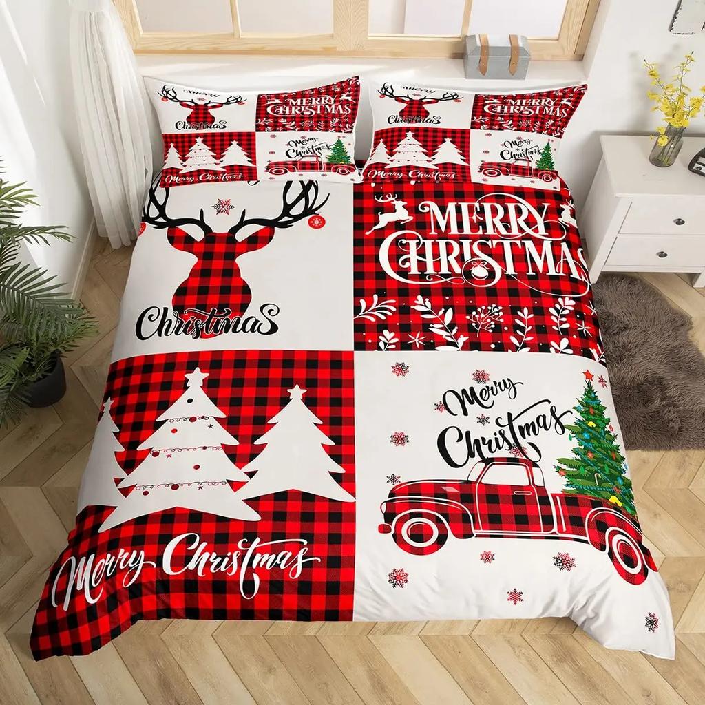 Comforter Merry Christmas Red Buffalo Checked Rustic Truck Comforter plaid Xmas Tree Elk Deer Snowflake Bedding Sets