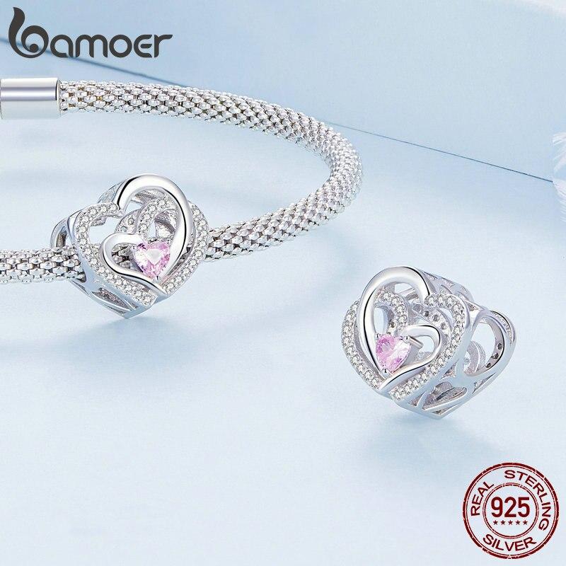 Bamoer 925 Sterling Silver Pink CZ Geometrický dutý korálek od srdce k srdci pro ženy Originální náramek a náramek šperky