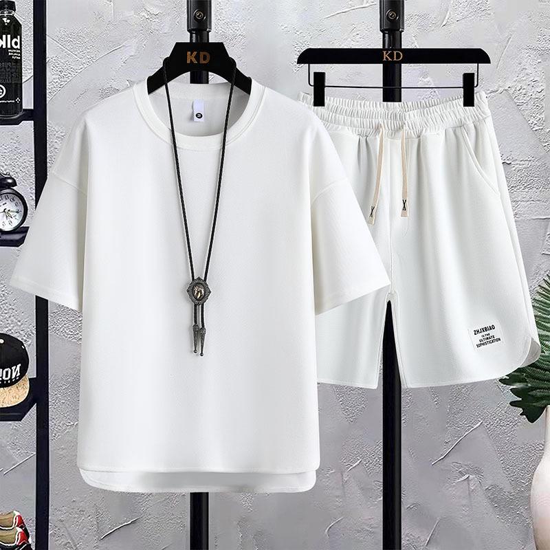 Men's Korean Summer Waffle Short-Sleeve T-Shirt & Casual Sports Two-Piece Set