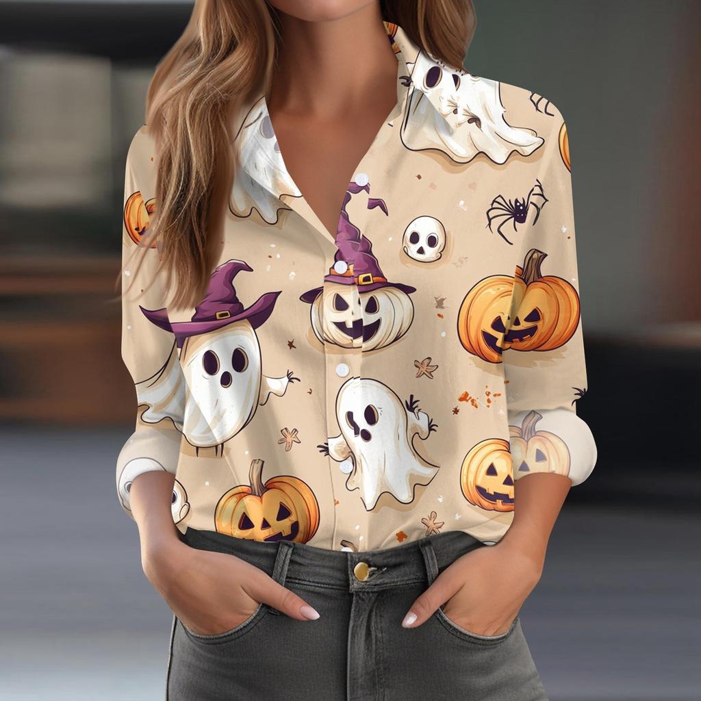 Damen Hemd Bluse Halloween Print Knopf Langarm Lässig Basic Hemdkragen Regulär Top
