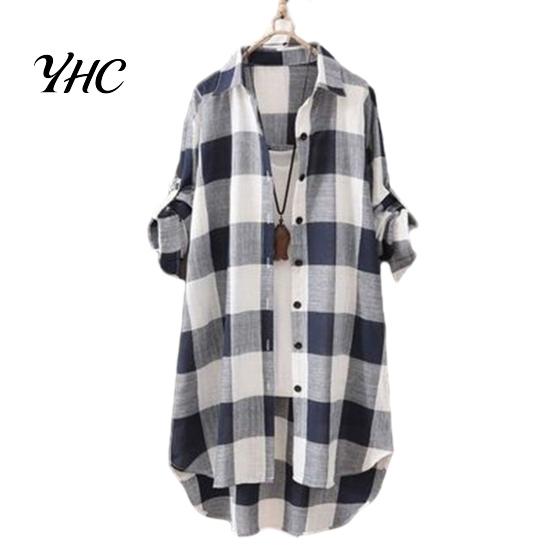 Women Shirt Plaid Print Contrast Color Irregular Hem Single-breasted Long Sleeve Lapel Oversized Soft Breathable Lady Top Loose XL