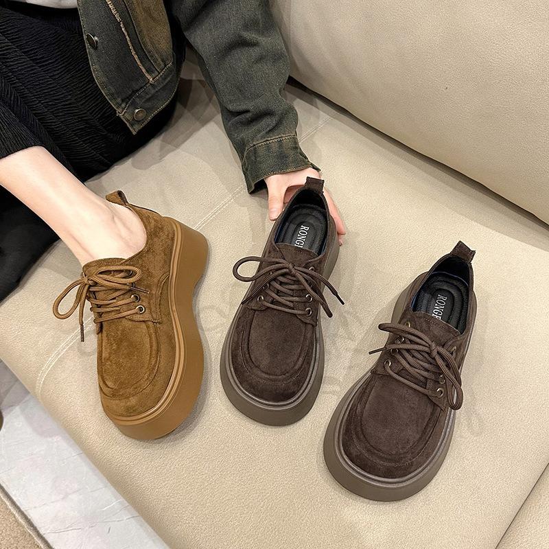 Muffin thick-soled lace-up women's spring new retro versatile small height-increasing single shoes