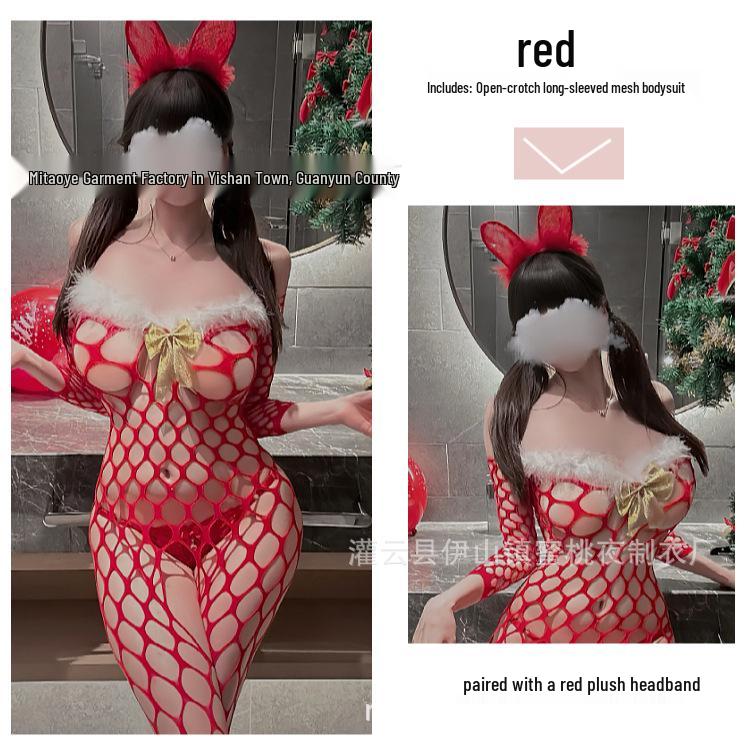 Christmas & New Year See-Through Gold Bow Fishnet Bodystocking with Open Crotch