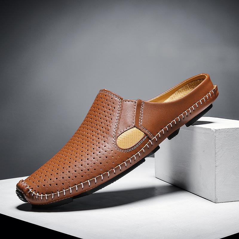 2025 Summer Leather Half Shoes For Men Semi-Drag Casual Shoes Mules Mens Loafers Slippers Slip on Flats Driving Shoes Man