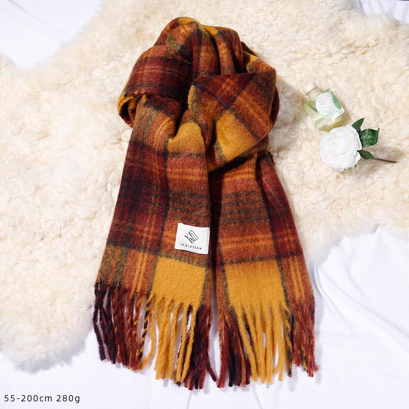 Korean Style Plaid Mohair Scarf - Women's Winter Imitation Cashmere Shawl