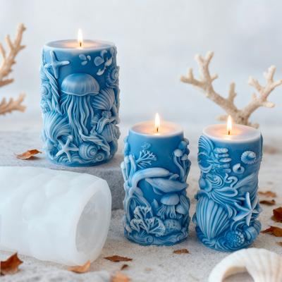 3D Sea Wave Relief Pillar Silicone Candle Mold Jellyfish Starfish Cylinder Aroma Candle Plaster Mold Candle Making Supplies