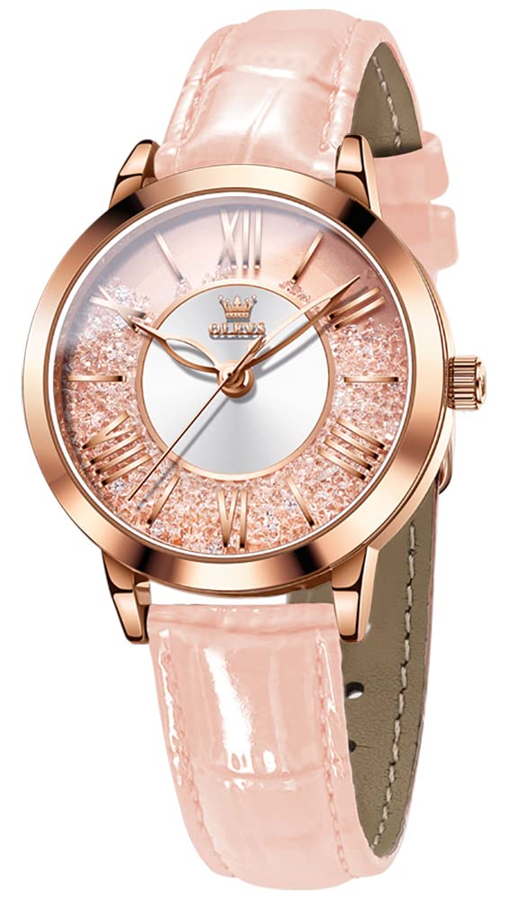 

OLEVS Women s Popular Quartz Wristwatch with Sparkling Dial, Diamonds, Quicksand, Waterproof, Luminous Design, Perfect Gift for Mother s Day, Pink