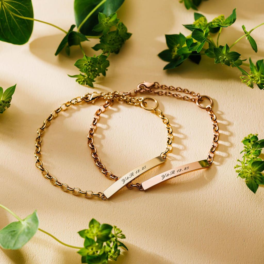 Pair Bracelet Set of 2 Allergy Free Stainless Steel Plate Plain Half Round Chain Simple Surgical Stainless Steel Pink Yellow [White Clover] &