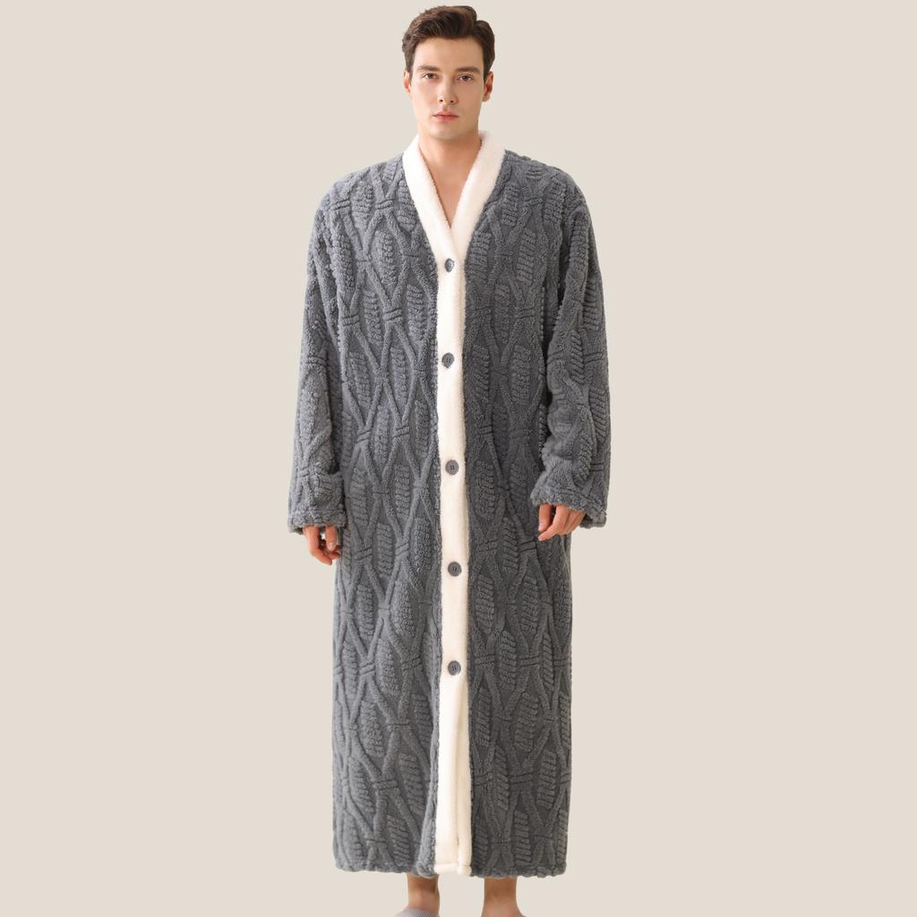 Men's Plush Bathrobe Button Up Long Housecoat Winter Warm SPA Fleece Duster Robe with Pocket Flannel Full Length Loose Fit Nightgown Sleepwear for Men