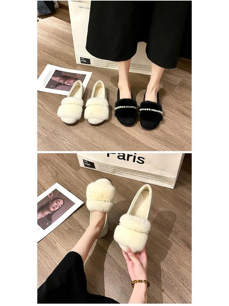 Women's Summer Flat Fur Bean Shoes with Rabbit Hair, Plus Size, Wear Outdoors