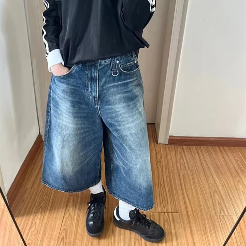 Men Women Denim Shorts Mid-rise Button Zipper Fly Wide Leg Thin Washed Denim Pants Retro Solid Color Short Jeans