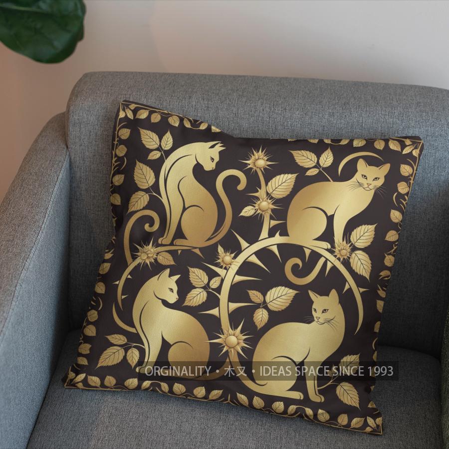 2D Golden Cats And Thistle Pattern Pillow Cover Pattern Cushion Cover Suitable For Sofa Bedroom Car Pillow Cover