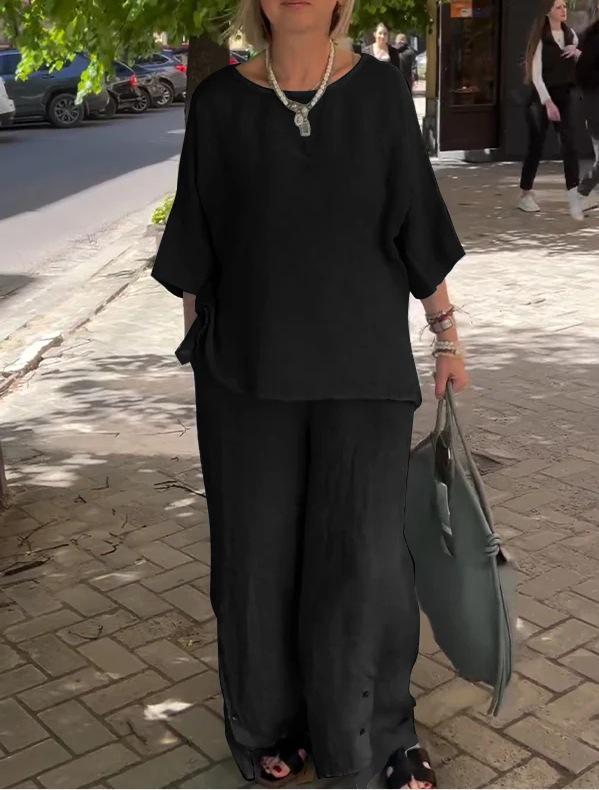 2024 Women's Cotton & Linen Casual Two-Piece Set with Seven-Sleeve Top & Wide-Leg Pants