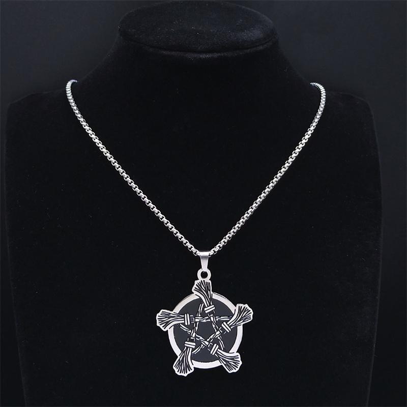 Witchcraft Pentagram Witch Broom Necklace for Women/Men Stainless Steel Wicca Star Necklaces Jewelry Corrente Masculina N3379S02