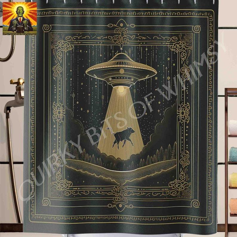 UFO Cow Abduction Shower Curtain – Funny Sci-Fi Alien Decor, Humorous Space Theme for Bathroom Conversation Starter W90xH180cm