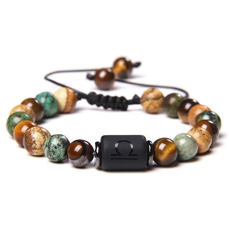 Natural Stone Tiger Eye Picture Jasper Round Beads 12 Constellation Bracelet for Men and Women Zodiac Signs Bracelet Aries