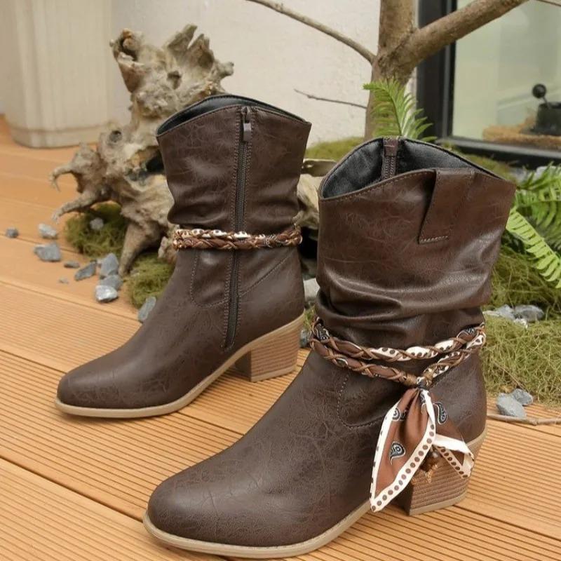 Women'S Western Boots Autumn And Winter Side Zipper High Heels Short Boots Retro Pointed Toe Chunky Heels Ankel Boots For Women