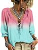 Women's long-sleeved top with gradient color, front tie frills, V-neck bow, three-quarter sleeves. Multi-scenario casual wear item.