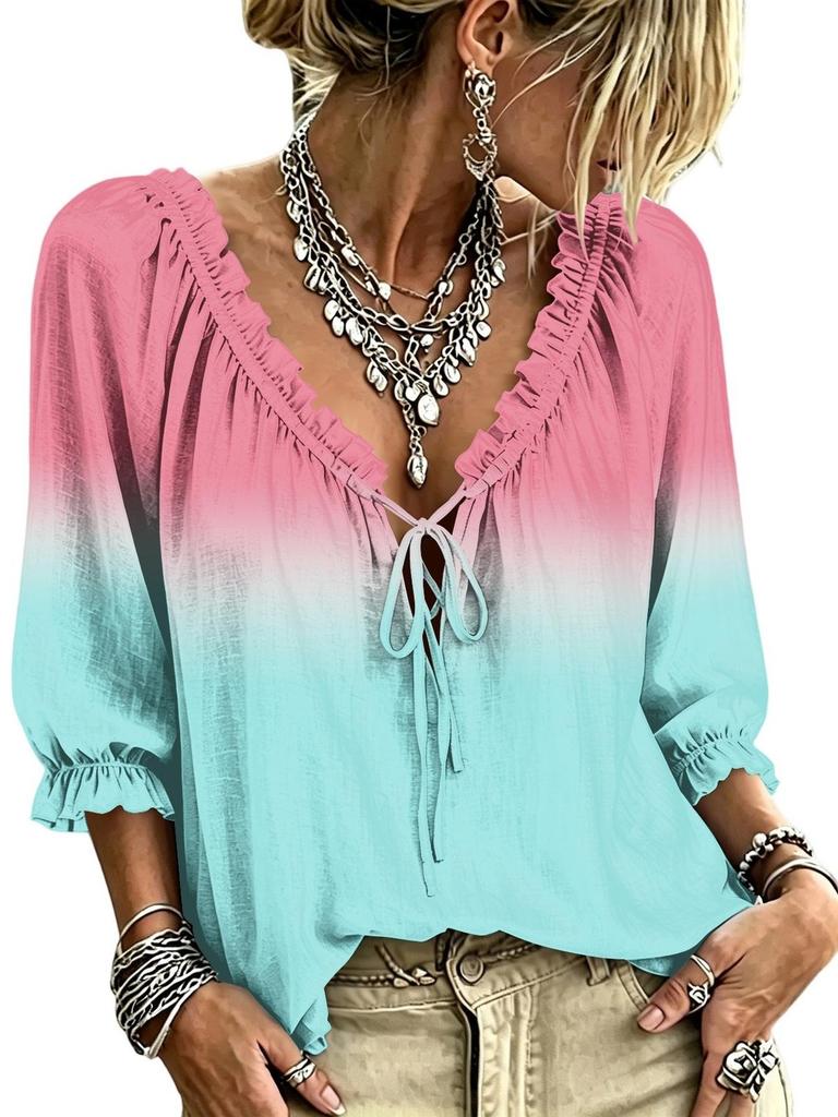 Women's long-sleeved top with gradient color, front tie frills, V-neck bow, three-quarter sleeves. Multi-scenario casual wear item.