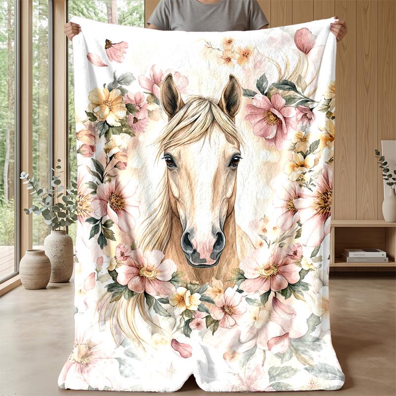 Horse Amidst Floral Splendor Theme Blanket Lightweight Warm Flannel Blanket Decorative Throw Blanket for Home Decoration