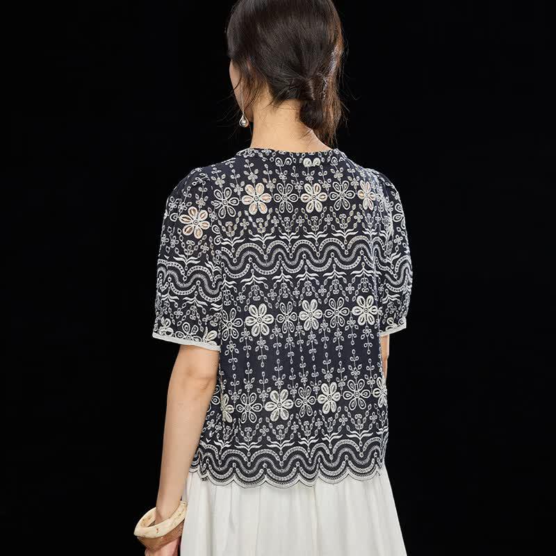Wudao French Retro Embroidered Cotton Blouse