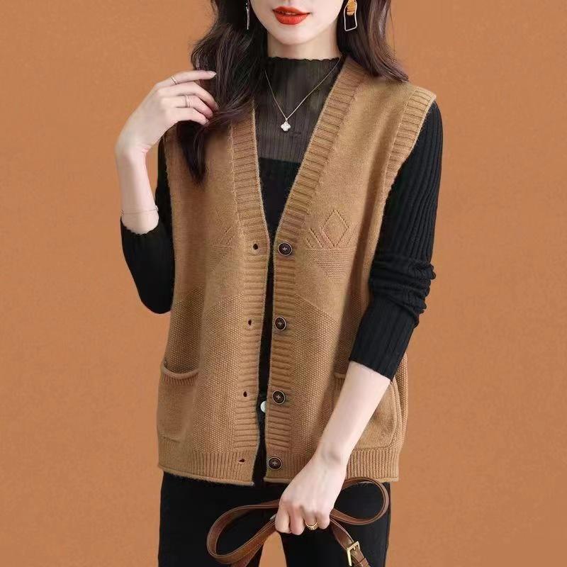 WTEMPO V-neck Knitted Buttons Vests Sleeveless Knitwear Coats Women's Autumn Winter Solid Color Casual Sweaters