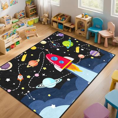 Weltraumrakete Teppich Rutschfester Teppich Dekoration Kinderzimmer Spielbereich Bildung Planet Stern Design Waschbare Bodenmatte