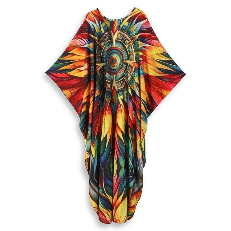 Summer Vintage Boho Women Plus Size Kaftan Sexy Beach Coverups Colorful Printed V Neck Batwing Sleeve