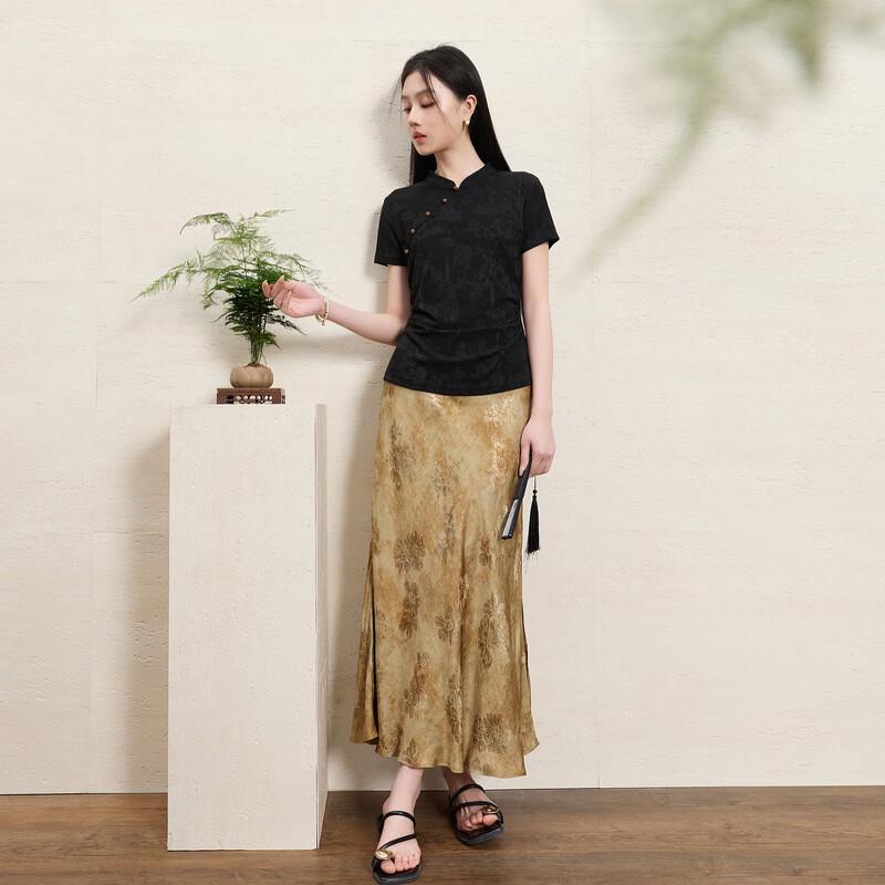 SanCai New Chinese Style Jacquard A-Line Maxi Skirt