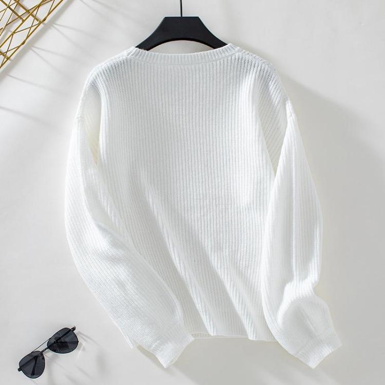 Autumn Winter Vintage Loose Knitwear Sweater Long Sleeve Solid Color Pullover O Neck Top