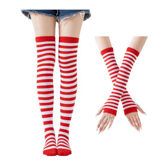 Womens Striped Arm Warmers Leg Warmers Set Winter Knitted Over The Knee High Socks Long Fingerless Gloves Set for Christmas Halloween