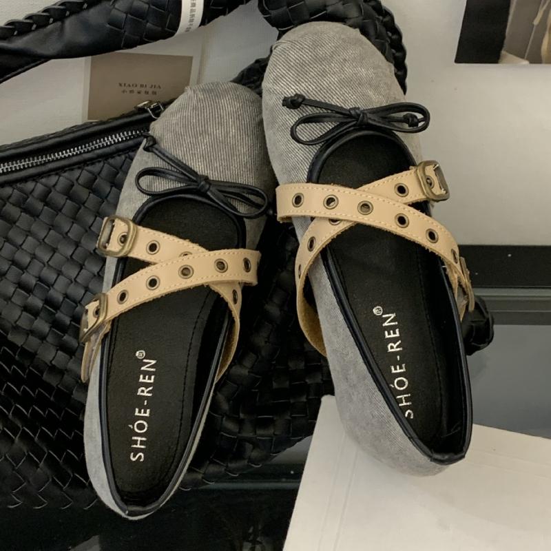 

Модные высококачественные джинсовые туфли Мэри Джейн женские модные с бантом на крестовой шнуровке с пряжкой дизайнерские балетки удобная мягкая подошва неглубокие повседневные туфли 35 серый