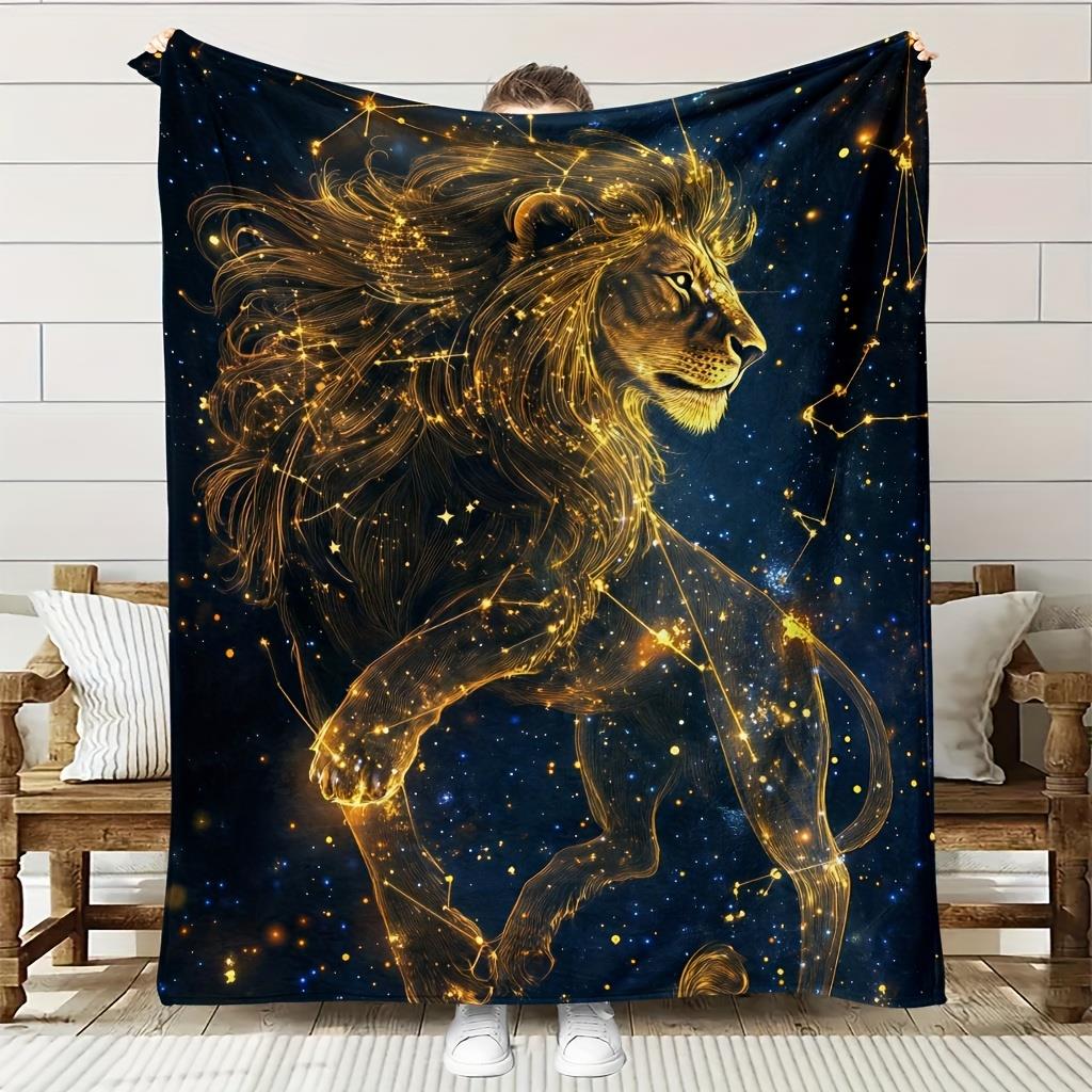Luxurious Golden Lion & Stars Fleece Blanket - Deep Blue & Golden Luxury Bedspread, All-Season Soft Breathable Polyester Bed 130x150cm51x59in