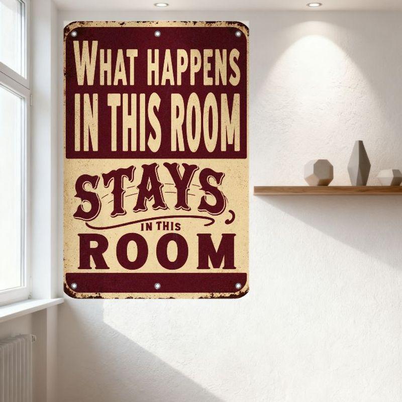 Vintage Rustic Metal Sign 'What Happens In This Room Stays In This Room' Distressed Maroon Beige Aged Tin Plaque for Man Cave Ba