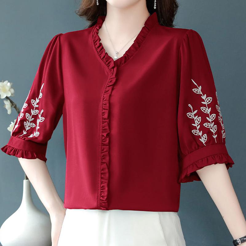 Women's Clothing Temperament Solid Short Sleeve V-neck Pullovers Loose Patchwork Embroidery Elegant Fashion Casual T-Shirts