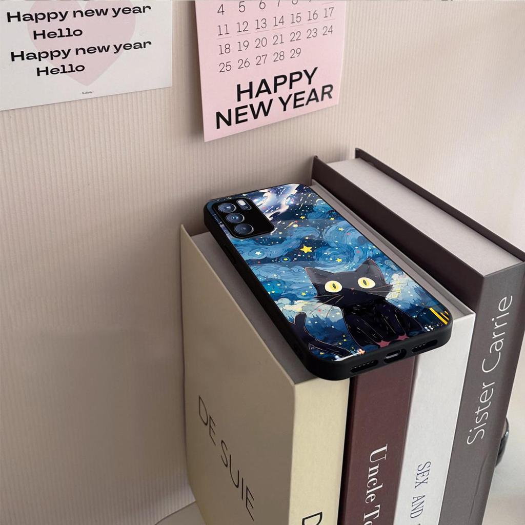 Case for OPPO Reno6 5G Anime Black Cat Starry Cloud Print Phone Cover Acrylic Hard Back Shell With Flexible TPU Edge