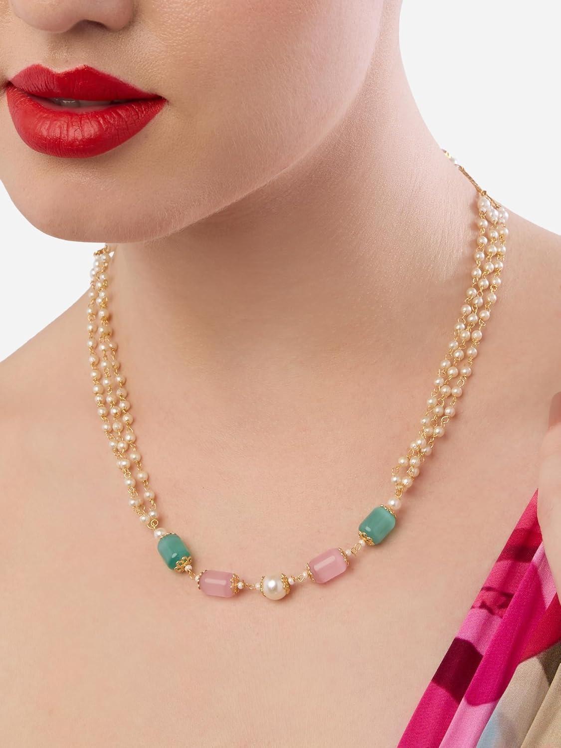 

Pink Green Beads & Pearls Multistrand Fusion Wear Necklace For Women Onesize