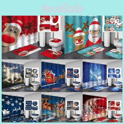 Luxurious Christmas Shower Curtain Toilet Seat Cover Mat Pads Rug Set For Festive Bathroom Decoration