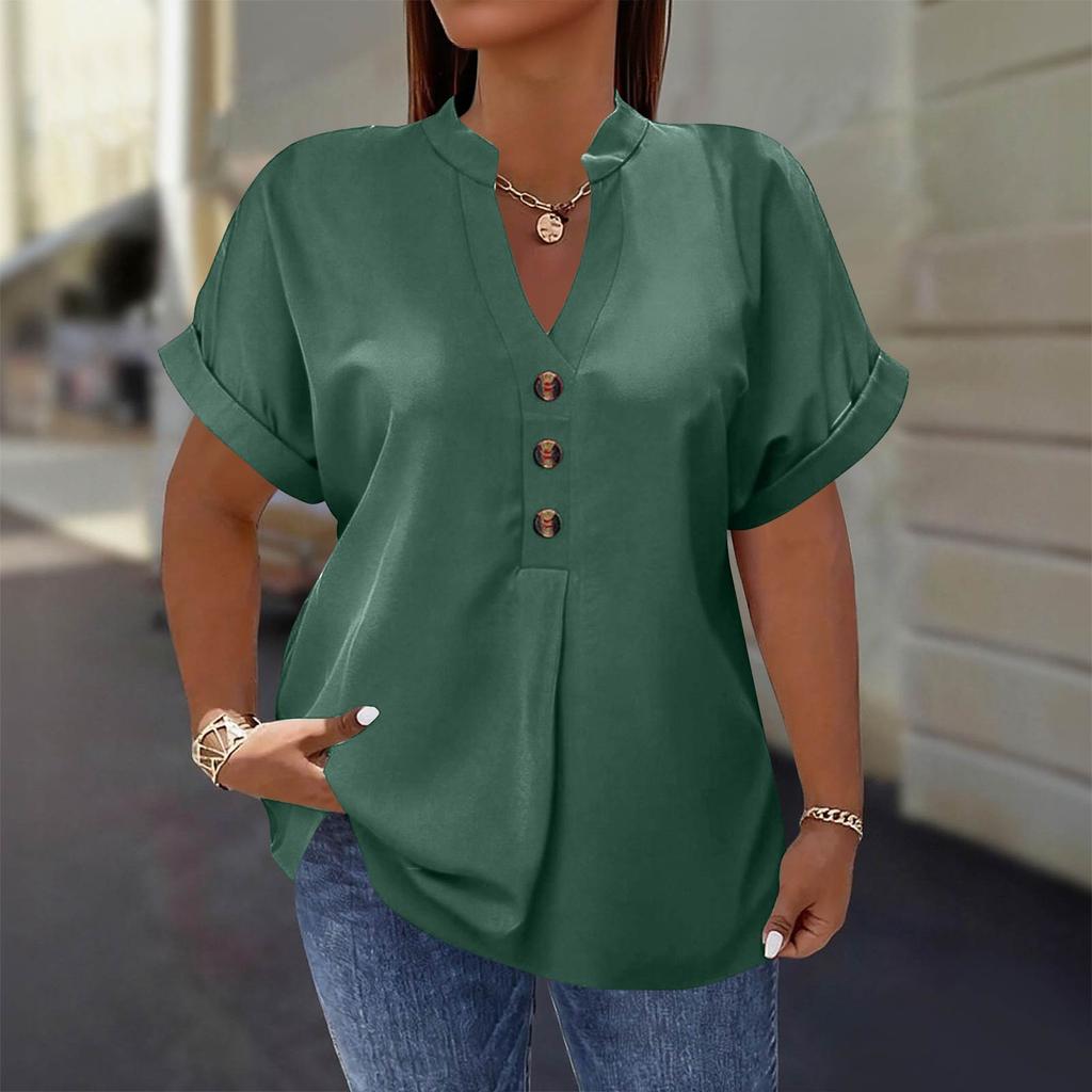Women's Fashion Short Sleeve V Neck Button Up Blouse Stylish Casual Plus Size Top